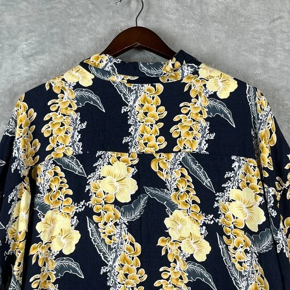 Hawaiian Hibiscus Lei Floral Shirt Mens 4XL Button Navy Yellow Resort Casual - Picture 5 of 7